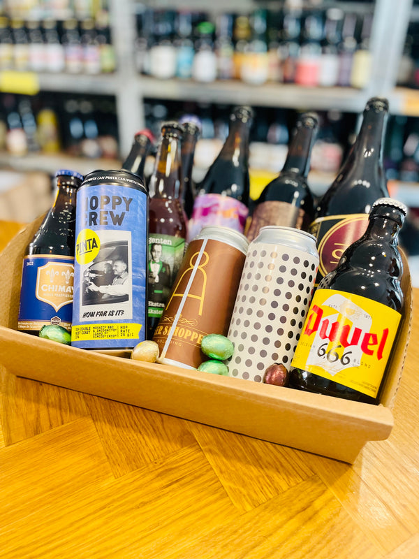 Gavekurv med øl, chokolade og gratis korthilsen (mellem)