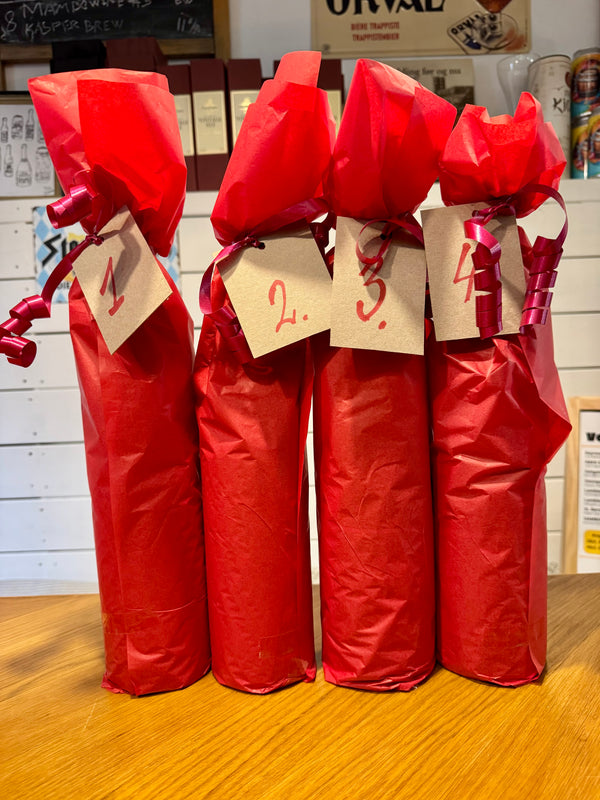 Øl-adventskalender 2025 med 4 lækre jule-specialøl i indpakning (4x75cl) (beskrivelse på QR kode)
