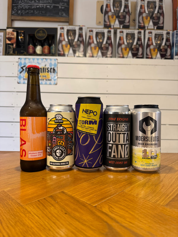 West Coast IPA-ølsmagekasse m. 5 øl